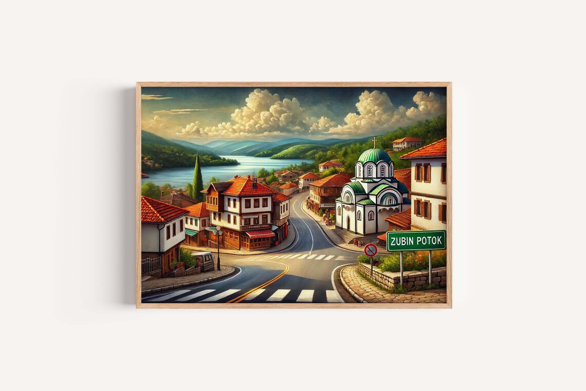 Zubin Potok Kosovo Town Painting With Church And Lake View Poster