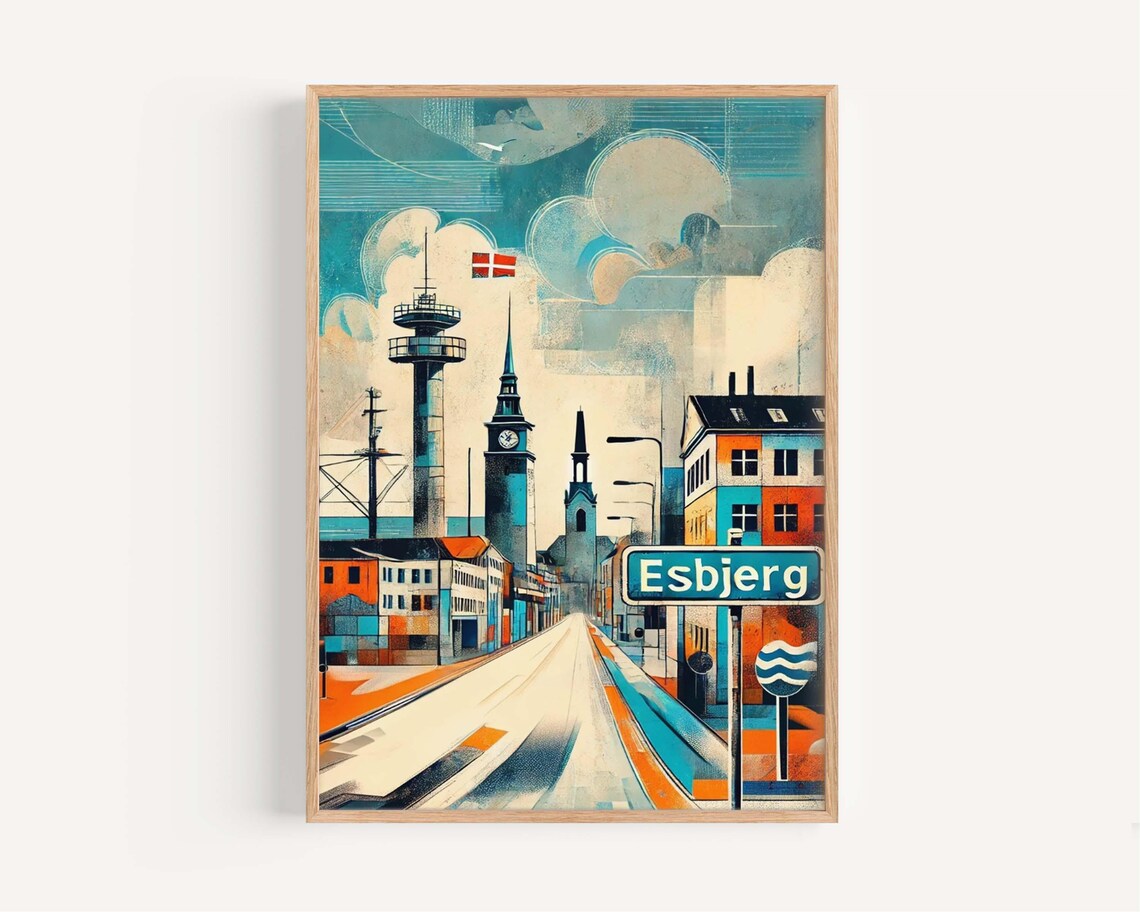 Esbjerg Denmark Water Tower and Harbor Street Art Travel Poster