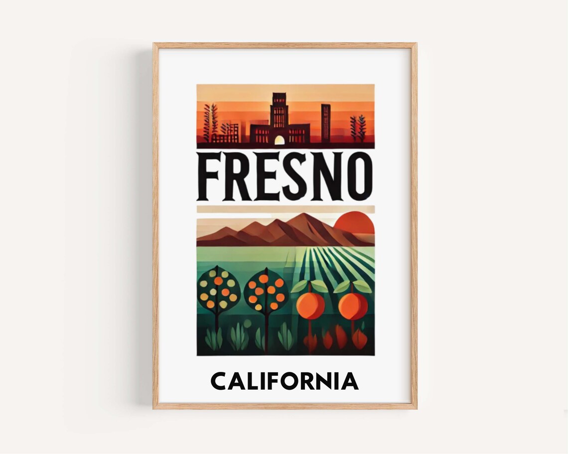 Fresno California Citrus Grove Sunset Vintage Retro Travel Poster