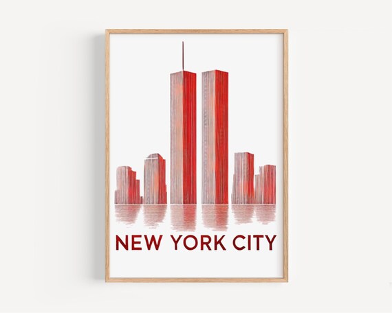 New York City Twin Towers World Trade Center Red Skyline Poster