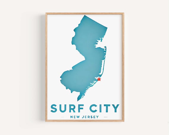 Surf City New Jersey Coastal Map Minimalist Beach Decor Wall Art