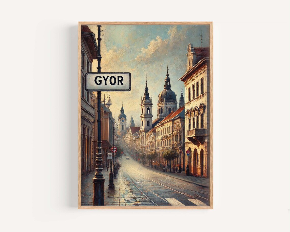 Gyor Hungary Baroque Old Town Church Towers Street Sign Travel Poster