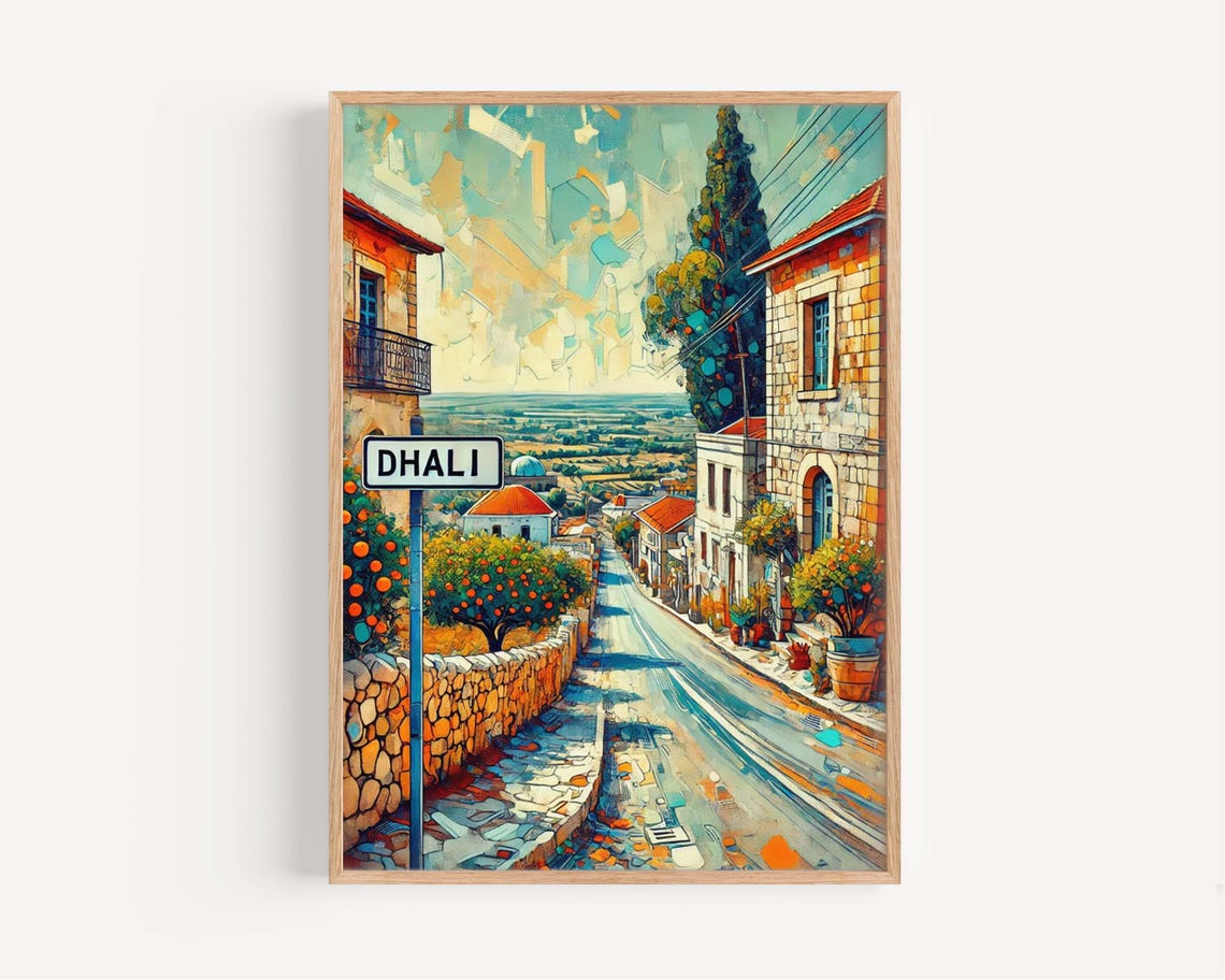 Dhali Cyprus Hillside Street Orange Trees Mediterranean Art Poster