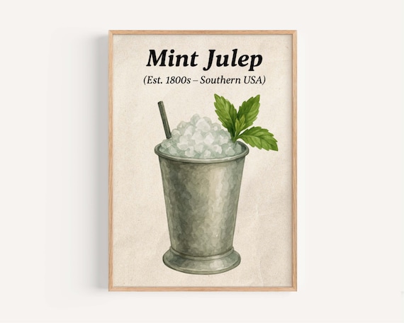 Mint Julep Southern Bourbon Cocktail Silver Cup Mint Vintage Bar Poster