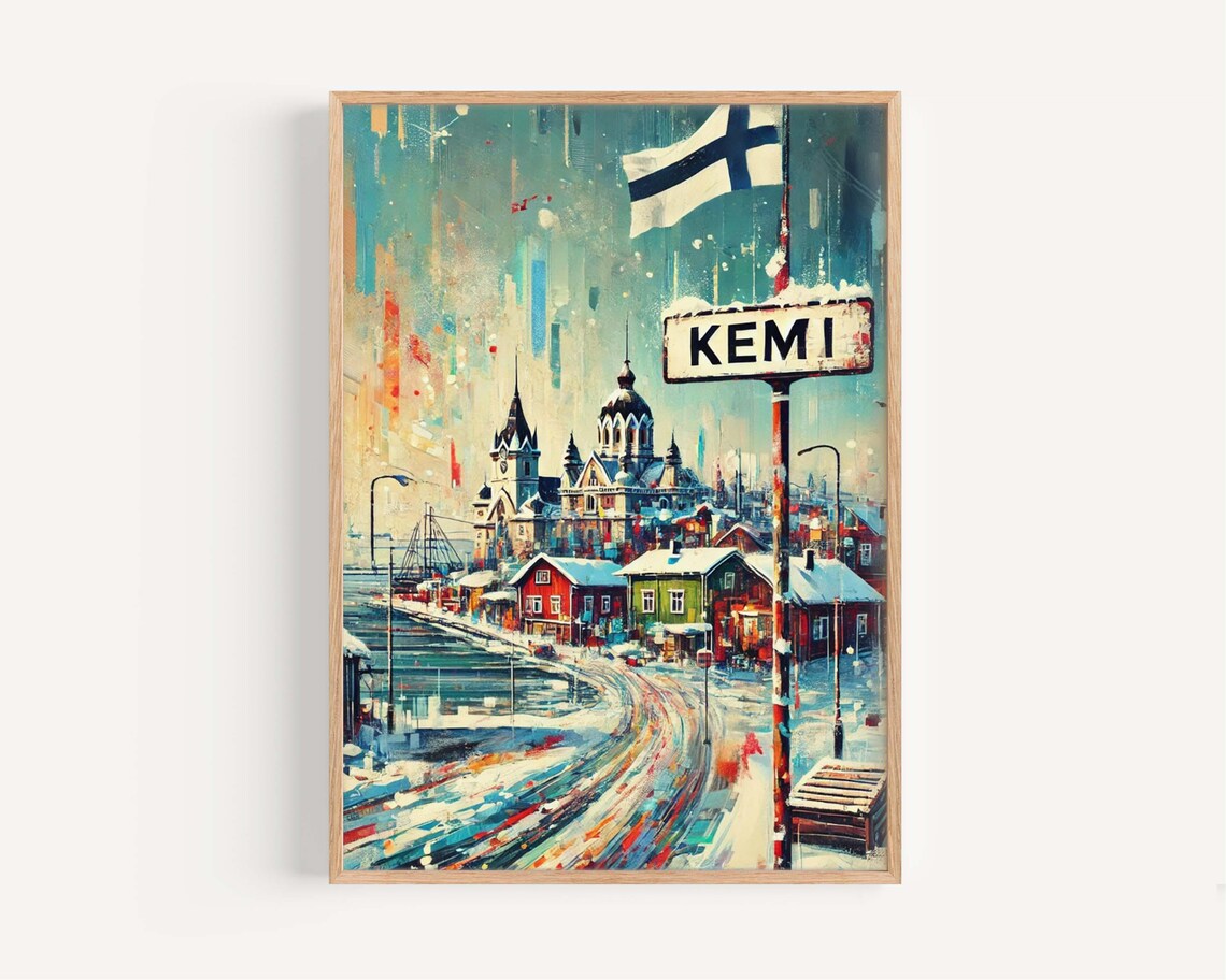 Kemi Finland Snowy Harbor Winter Street Colorful Painting Poster