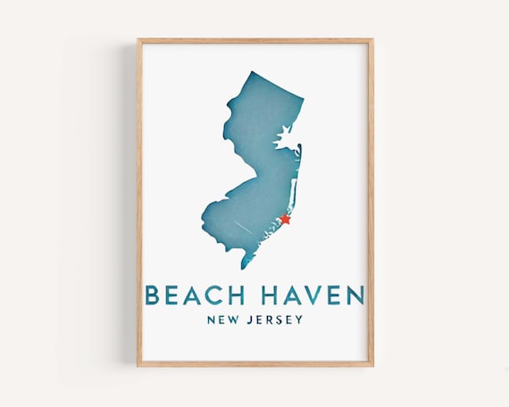 Beach Haven New Jersey State Map Starred Coastal Shore Travel Poster