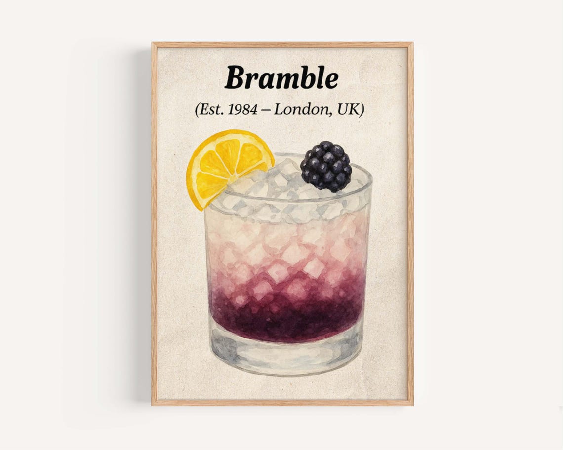 Bramble Blackberry Lemon Cocktail Watercolor London Bar Poster
