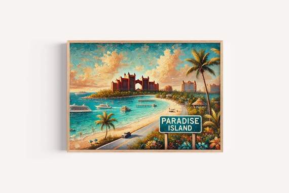 Paradise Island Beach Resort Sign Tropical Ocean Travel Scene Poster