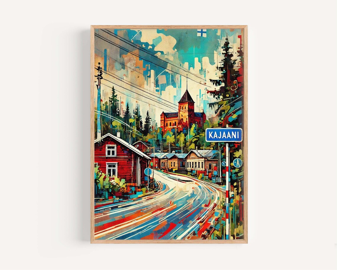 Kajaani Finland Red House Town Street Colorful Painting Poster
