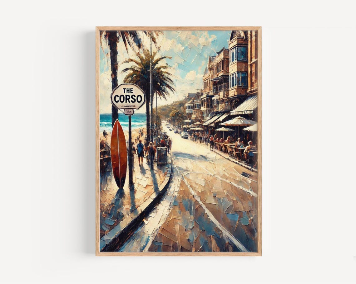 Sydney Manly The Corso Beach Surfboard Palms Oil Painting Poster