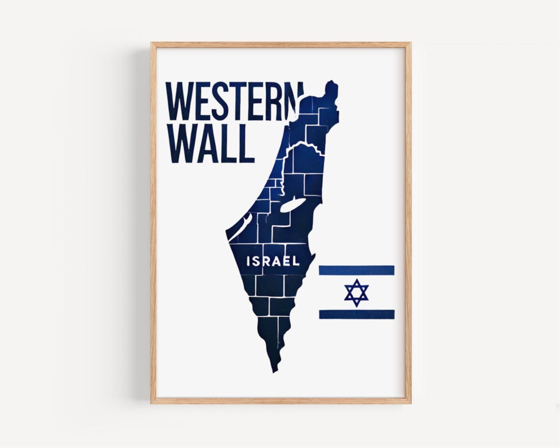 Western Wall Israel Map Poster Jerusalem Navy Minimalist Travel Decor