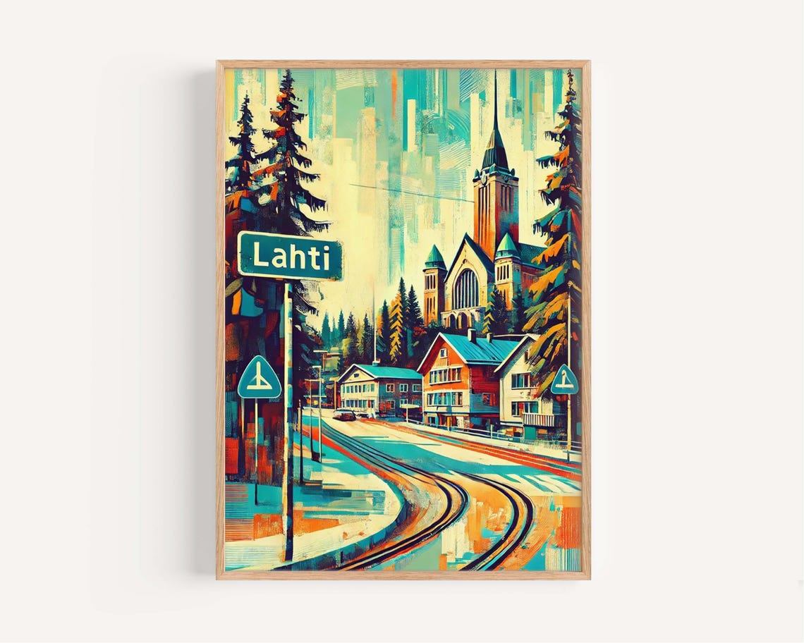 Lahti Finland Church and Pine Trees Colorful Street Scene Art Poster