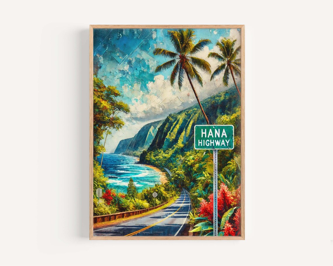 Hana Highway Maui Hawaii Tropical Coastal Road Street Sign Travel Poster