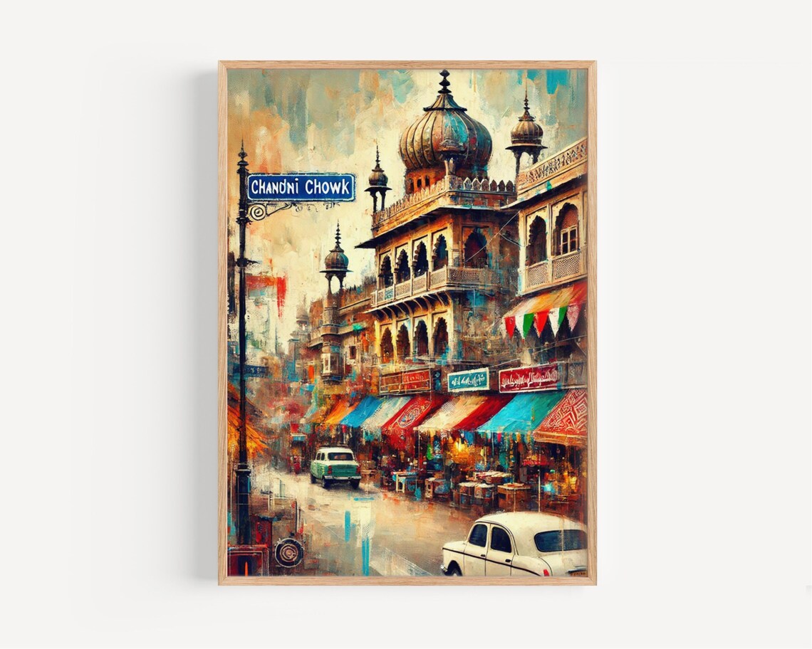 Chandni Chowk Delhi India Vintage Market Street Scene Travel Poster