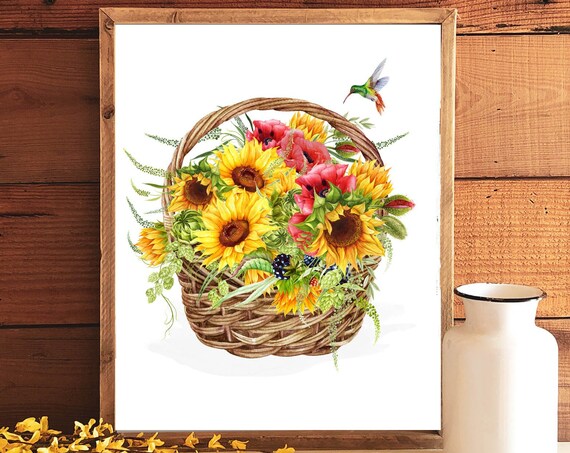 Sunflower Basket Poppies Hummingbird Summer Floral Art Print