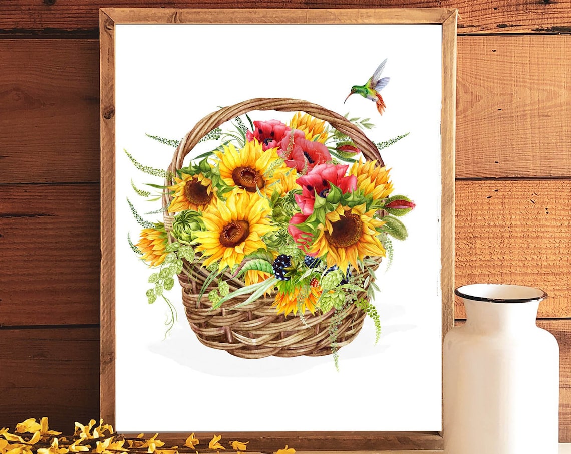 Sunflower Basket Poppies Hummingbird Summer Floral Art Print