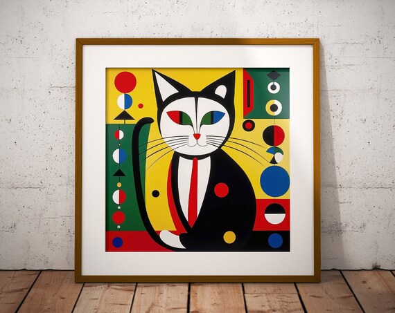 Geometric Bauhaus Style Black Cat Mid Century Modern Art Print
