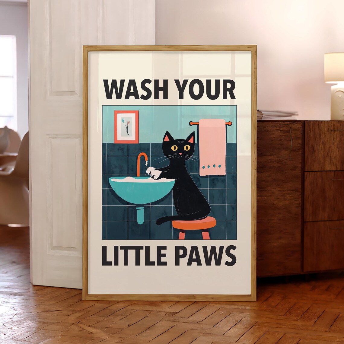 Wash Your Paws Cat Bathroom Humor Art Print