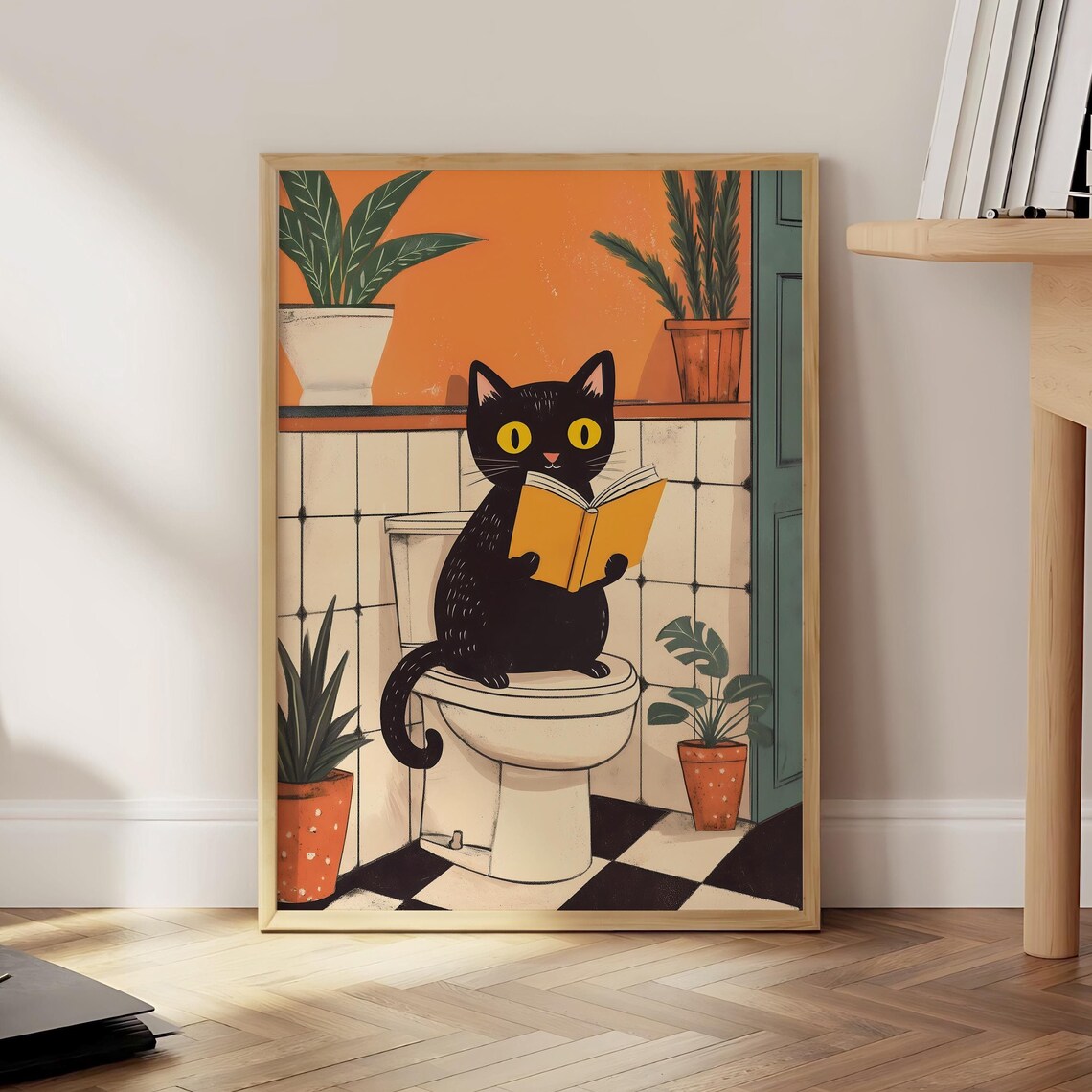 Funny Bathroom Cat Poster, Black Toilet Wall Art