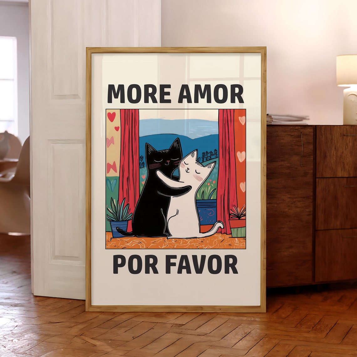 More Amor Por Favor Hugging Cats Hearts Window Scene Cute Poster