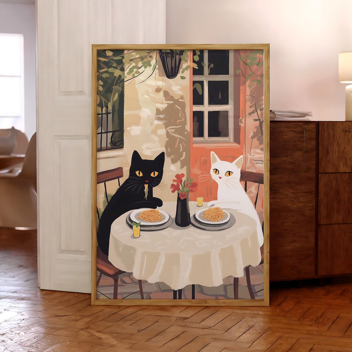 Romantic Cats Sharing Spaghetti Italian Kitchen Dinner Poster