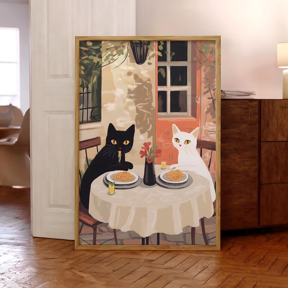 Romantic Cats Spaghetti Print Italian Kitchen Poster Black And White Pasta Wall Art Retro Diner Cute Optional Frame