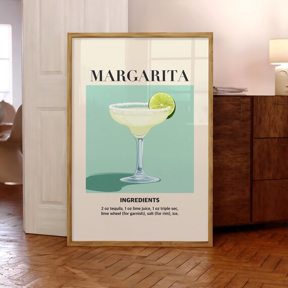 Classic Margarita Cocktail Recipe Retro Bar Cart Mint Green Art Poster