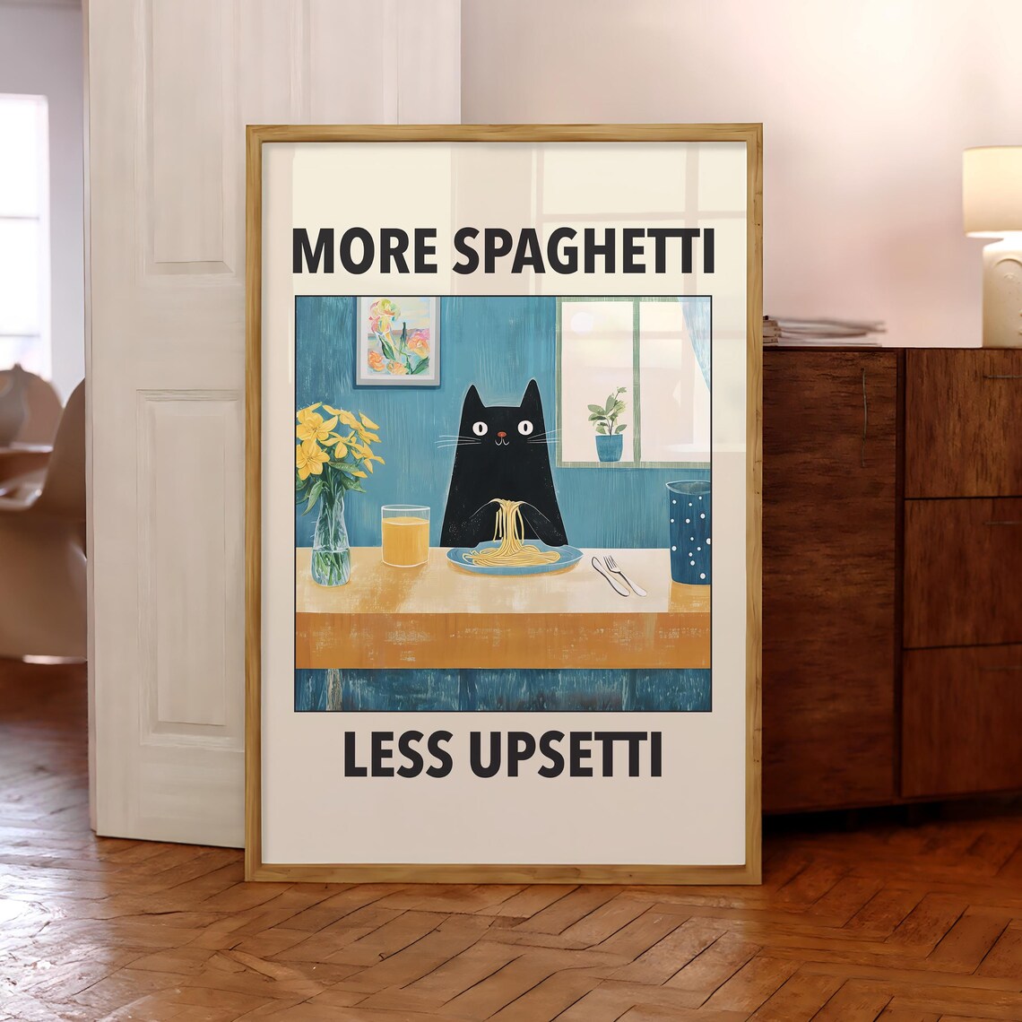 More Spaghetti Less Upsetti Black Cat Kitchen Quote Funny Poster