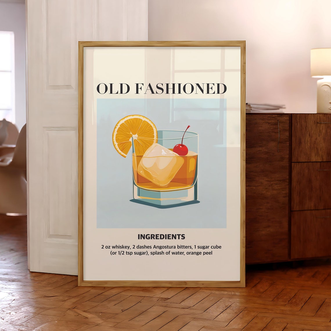 Old Fashioned Cocktail Recipe Ingredients Whiskey Bar Poster