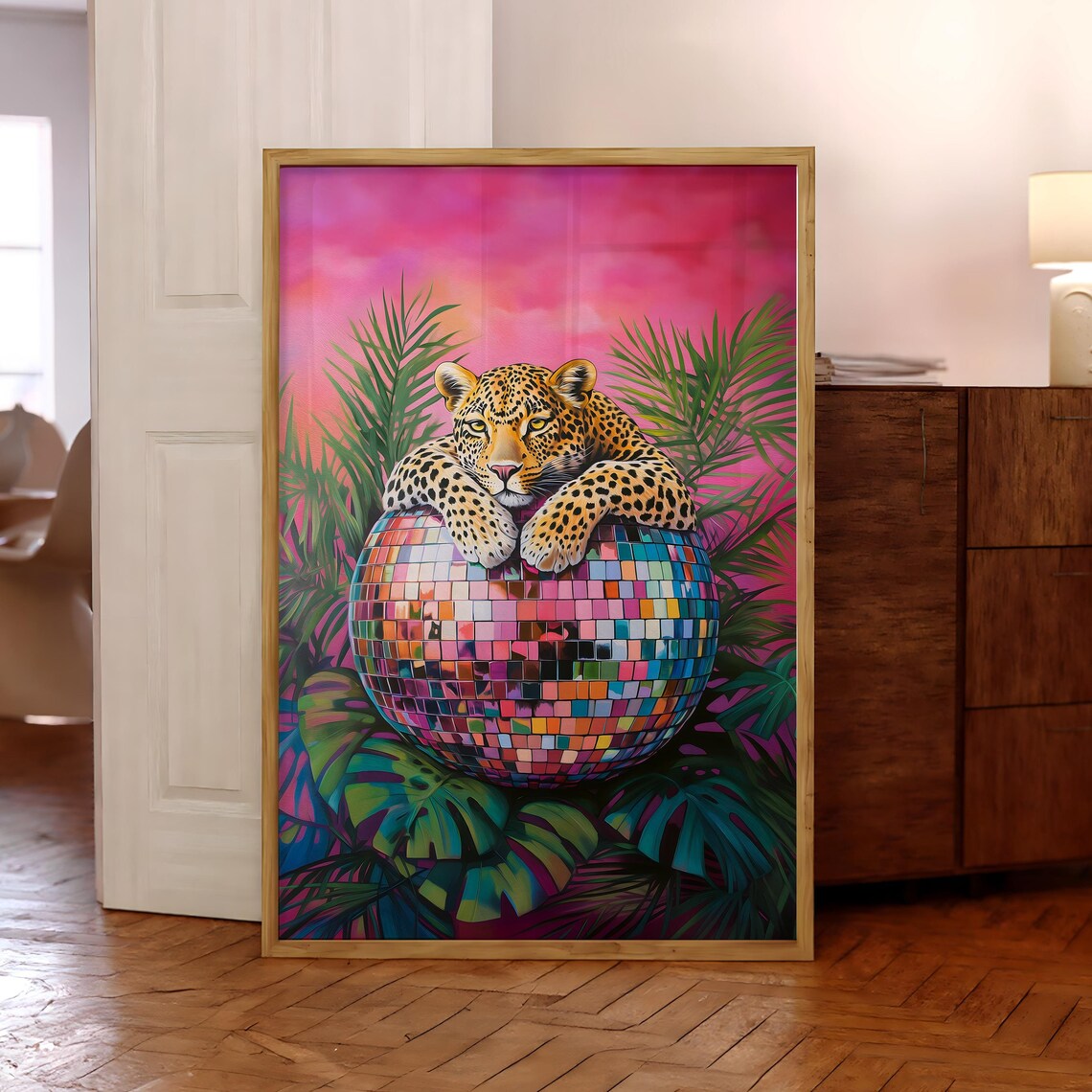 Leopard on Disco Ball Poster, Maximalist Jungle Print