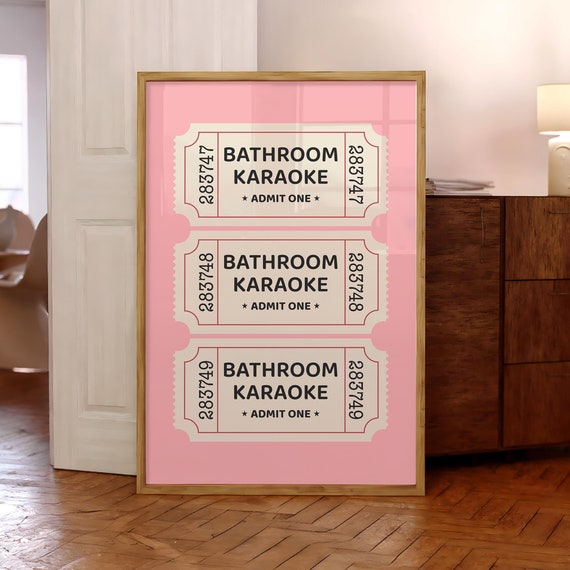 Bathroom Karaoke Ticket Poster Wall Art Shower Singing Funny Print Pink Decor Vintage Trendy File