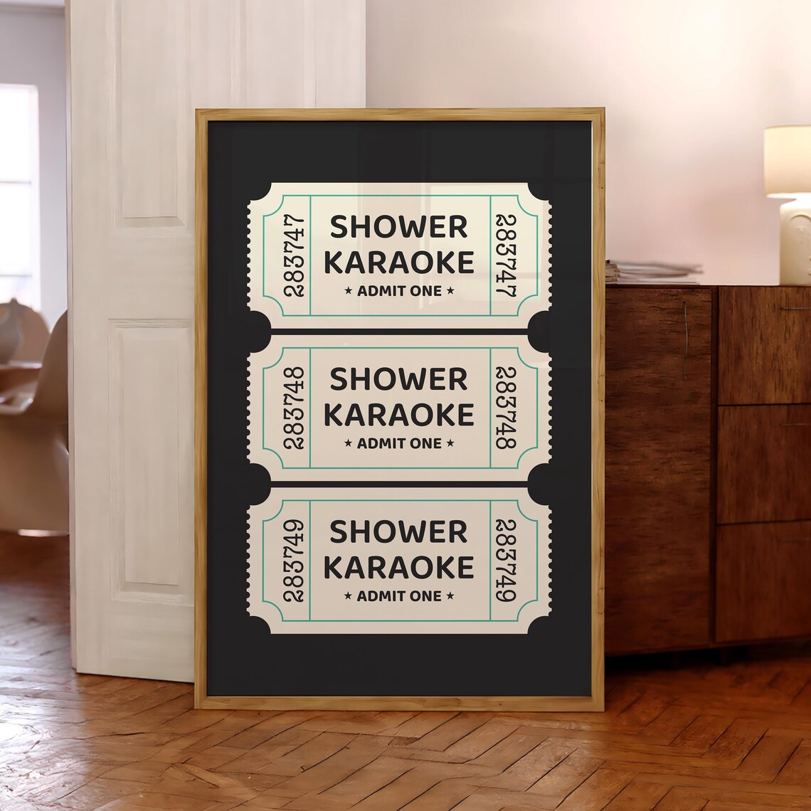 Shower Karaoke Admit One Tickets Teal Border Black Funny Poster