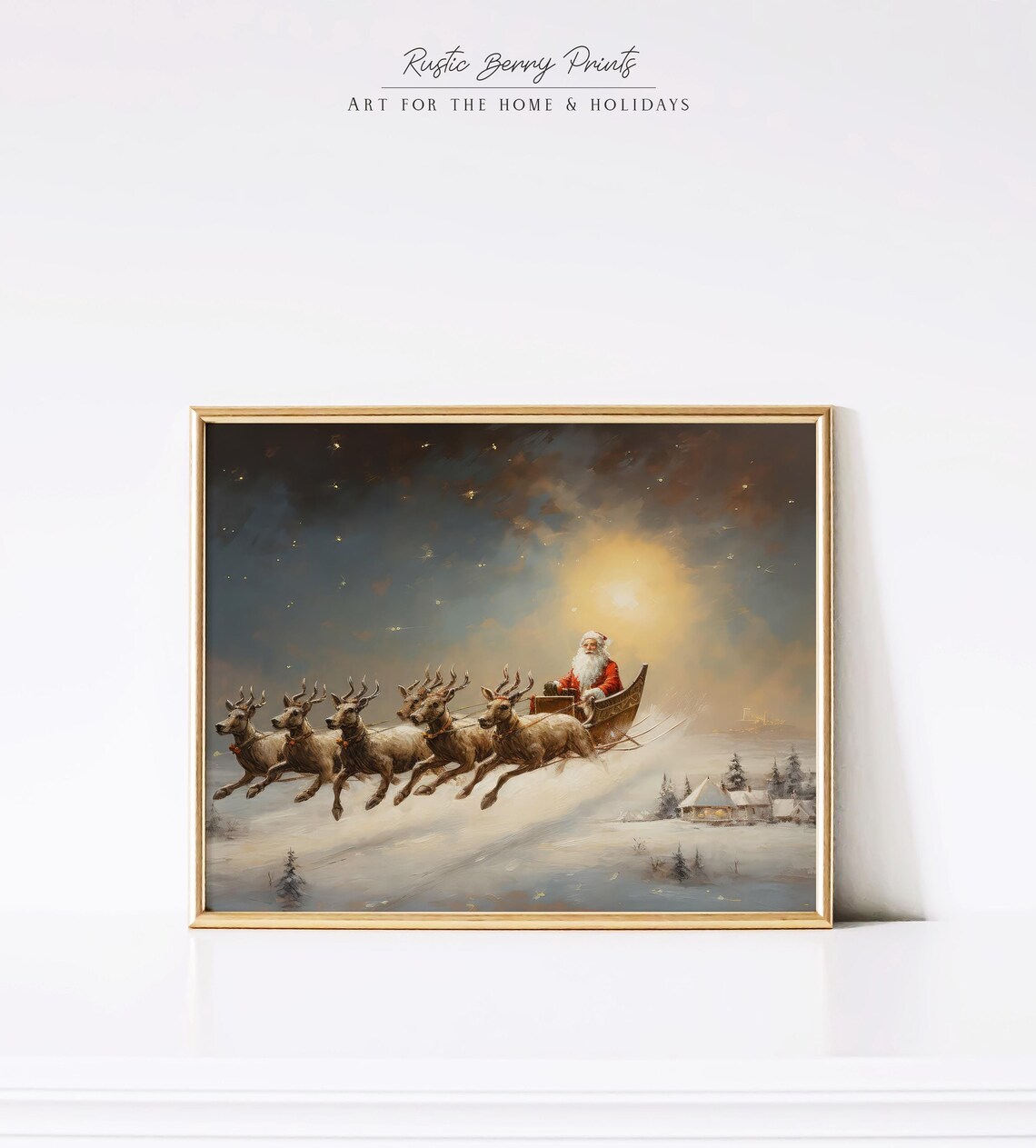Santa Claus Flying Sleigh Reindeer Moonlit Christmas Night Art Print