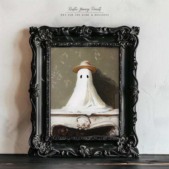 Ghost Wearing Hat on Mantel Whimsical Halloween Decor Poster