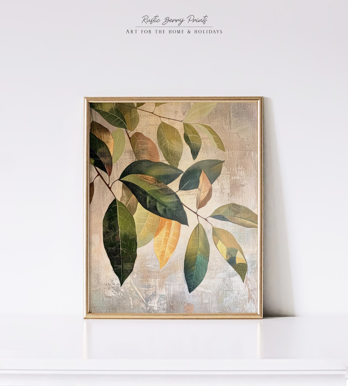 Vintage Botanical Green Leaves Branch Textured Neutral Wall Art