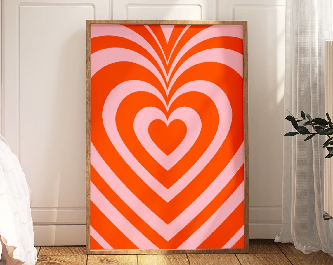 Orange Pink Concentric Hearts Retro Groovy Striped Love Poster