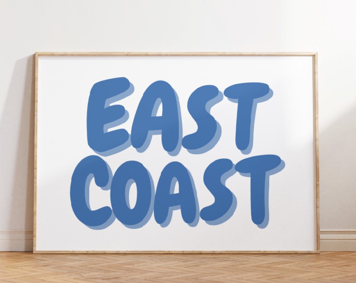 East Coast Blue Bubble Letters Poster Retro Typography Coastal Decor