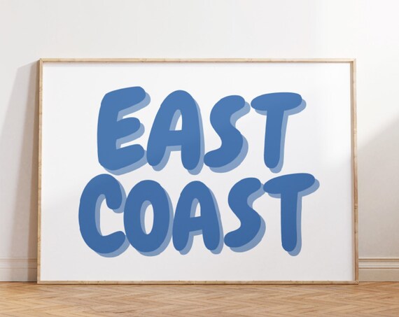 East Coast Blue Bubble Letters Poster Retro Typography Coastal Decor