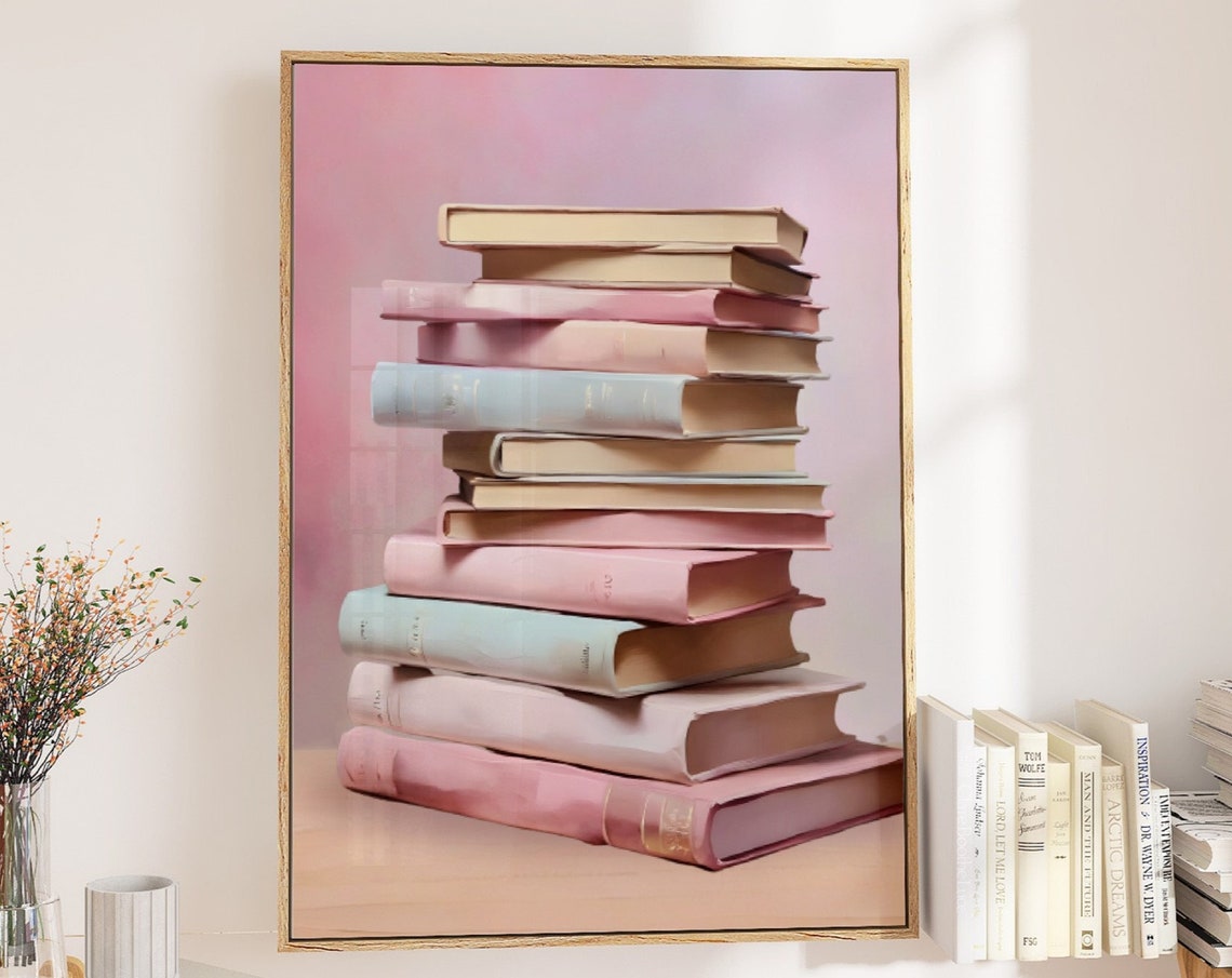 Pastel Books Stack Painting Poster Reading Nook Library Wall Decor