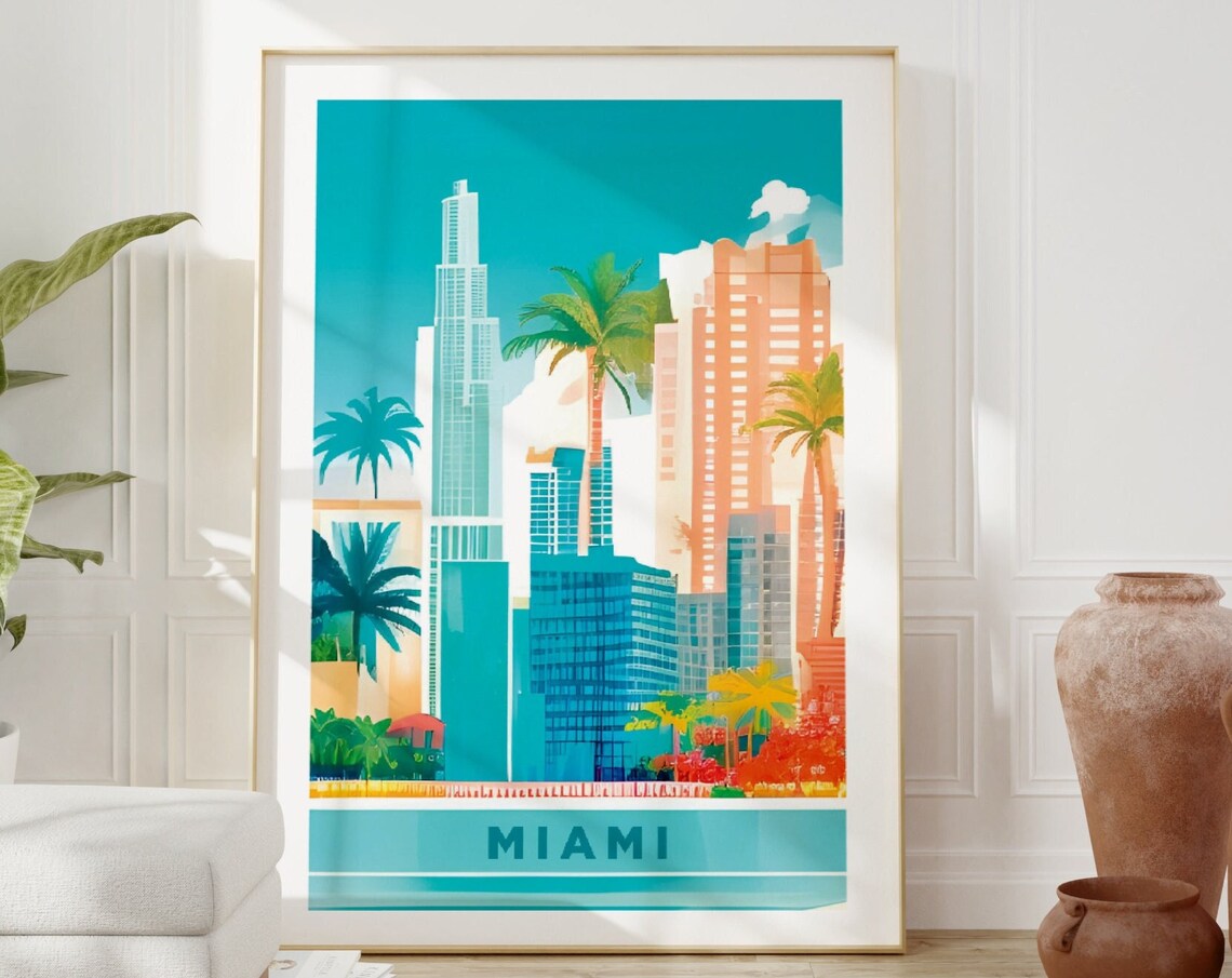 Miami Turquoise Skyline Palm Trees Vintage Travel City Gift Poster