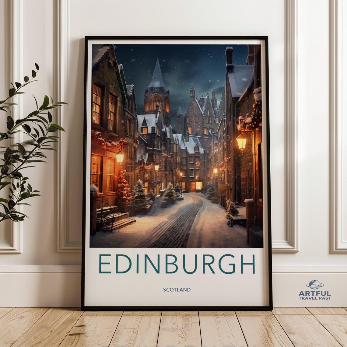 Edinburgh Winter Night Scenic Snowy Street Historical Architecture Scottish Wall Art Cityscape Print Home Decor
