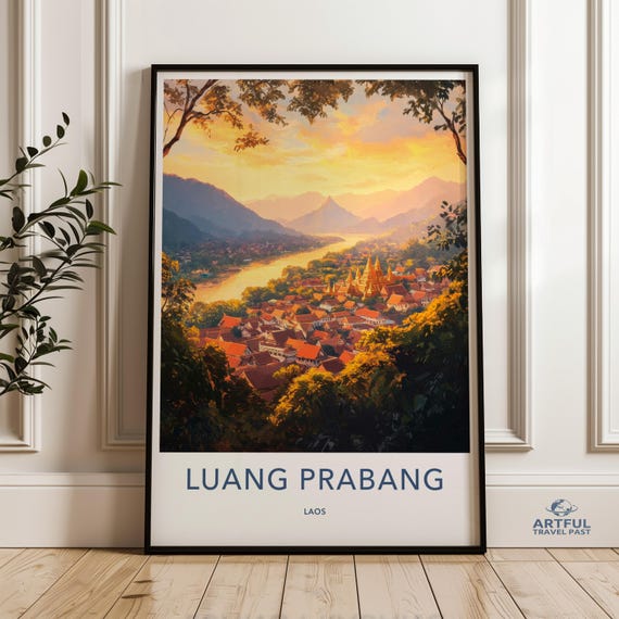 Luang Prabang Laos Wall Art Print Sunset Landscape Poster Vintage Travel Illustration Southeast Asia Decor Scenic Nature Artwork
