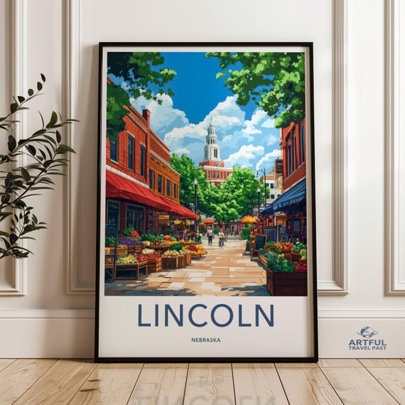 Lincoln Nebraska Wall Art Vibrant Cityscape Print Urban Street Market Scene Colorful City Landscape Home Decor