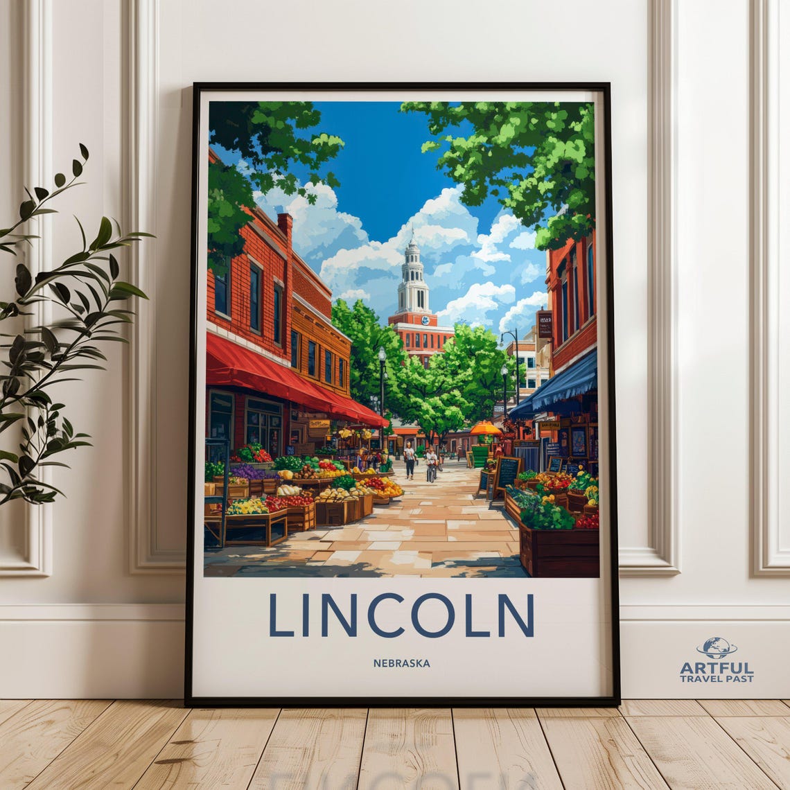 Lincoln Nebraska Wall Art Vibrant Cityscape Print Urban Street Market Scene Colorful City Landscape Home Decor