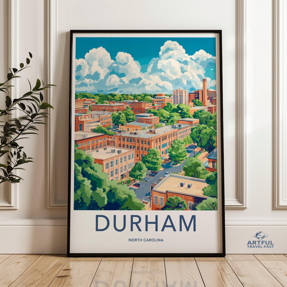 Durham North Carolina Aerial Cityscape Travel Poster Art View