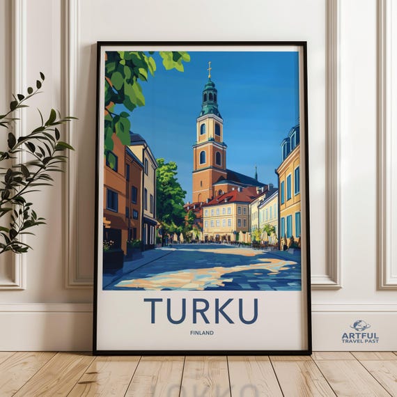 Turku Finland Cityscape Poster Scandinavian Wall Art Colorful Travel Print Landmark Illustration Nordic Decor