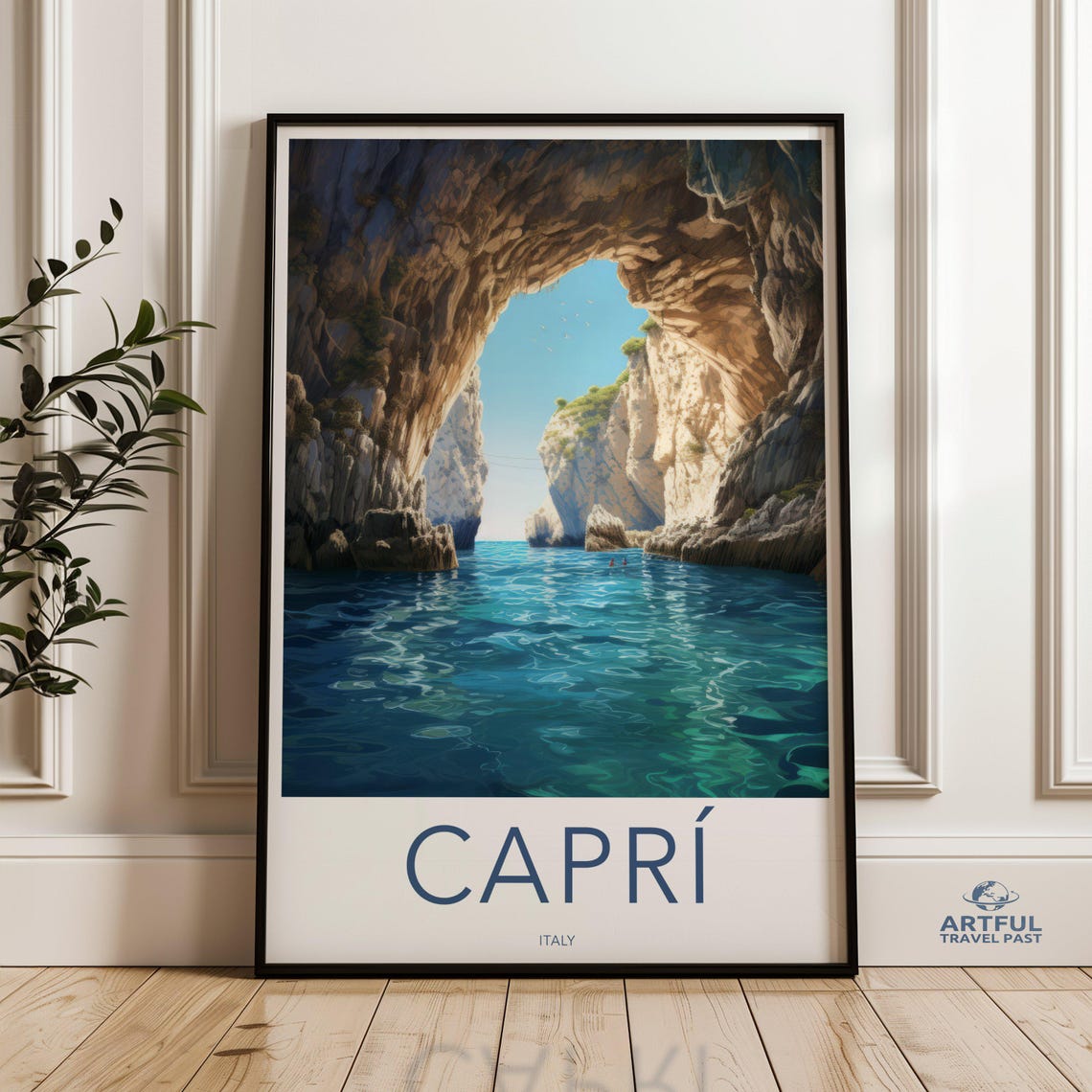 Capri Italy Coastal Sea Grotto Turquoise Water Rock Arch Travel Poster