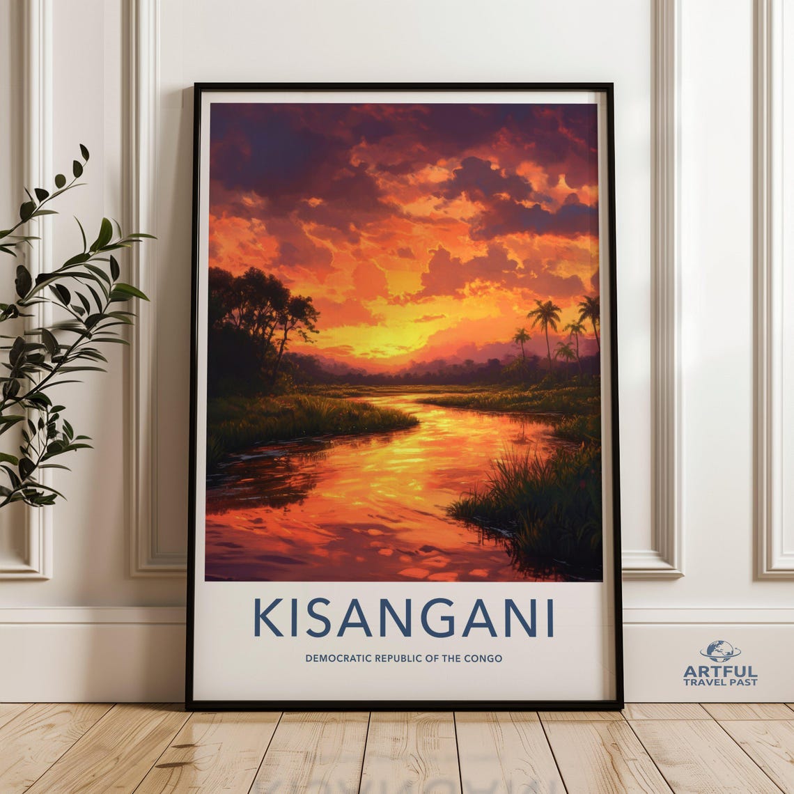 Kisangani Congo Sunset River Palm Trees Vintage Travel Poster