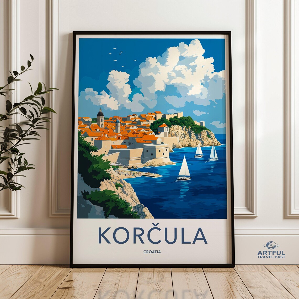 Korcula Croatia Coastal Old Town Sailboats Adriatic Sea Travel Poster