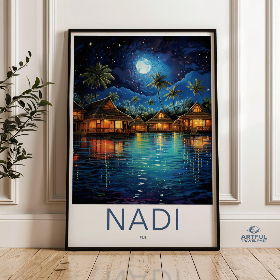 Fiji Wall Art Nadi Night Scene With Moon Tropical Paradise Coastal Decor Exotic Island Landscape Polynesian Print